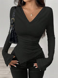 And Summer New V-Neck Open Shoulder Two-Wear Design Embody Wrinkles Irregular Long-Sleeved