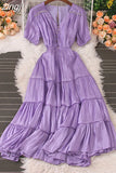 Women Beading Party Dress Vintage V-Neck Short Puff Sleeve High Waist Ruffle Draped Robe Vacation Beach Vestidos 2023