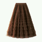 Yarn Lotus Leaf Side Temperament Skirt Women's Dress 2025 Spring And Autumn New Famous Woman Long Dress Thin Cake Skirt