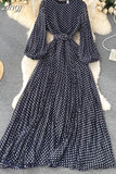 Women White/Black/Brown Polka Dot Long Dress Vintage Round Neck Puff Sleeve Elegant A-Line Maxi Vestidos Female 2023