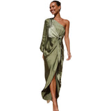 Zingj Years Sexy Inclined Shoulder Closed Waist Lace Satin Lantern Sleeve Dress Women's