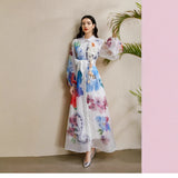 Court-Print Bubble-Sleeved Dress Women's Autumn Strap-In Belt Design Super Fairy Long Dress