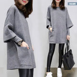 Zingj Autumn / Winter New Plus Size Women's Fat MM Loose Splicing Long Sleeve Coat Long Solid Color Top Round Collar