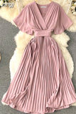 Women Purple/Red/Green Bandage Pleated Midi Dress Female Vintage V-Neck Short Sleeve High Waist A-Line Draped