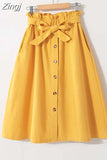 Women Casual Cotton Skirts 2023 Spring Summer Korean Style Solid Elegant High Waist Single-Breasted Bow Lace Up A-Line Midi