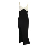 Summer Sleeveless Women Patchwork Cami Midi-Calf Dress V-Neck Side Split Basis Black Casual Clubwear E-Gril Sexy