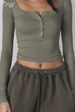Retro Women Autumn Solid Knitted O-neck Tees Crop Tops y2k Fairycore Button Up Full Sleeve T-shirts Aesthetic