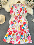 Women Floarl Dress Vintage V-Neck Short Sleeve Printed A-Line Elegant Midi Vestidos Female Casual Robe Bohemian 2023