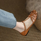 Summer Bohemian Retro Buckle With Bun Head Woven Sandals Women Flat Bottom Hollow Roman