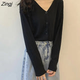 Women Elegant Soft Autumn Chic Ulzzang Basic V-neck Ladies Outerwear Single Breasted Vintage Simple Mujer Sweaters