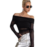 Autumn And Winter New Women's Clothing Pure Color Repair Fashion One Word Neck Net Yarn Long Sleeve