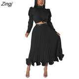 2 Piece Skirt Sets Women Long Sleeve Crop Top and Midi Skirts Sets Autumn Fashion Solid Color Club Outfits