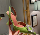 and American 2021 Summer New Pointed High Heel Women's Shoes SUNFLOWER Drill Buckle Closed Toe Wine Cup Heel
