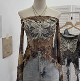 Shot Raging Butterfly Embroidery Y2k Babes Punk Word Shoulder Tie-Dye Mesh T-Shirt With Short Top