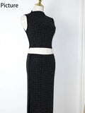 Black Diamonds 2pcs Set Women Party Sleeveless Short Tops + High Waist Split Skirt Female Two Piece Suits Club Fashion