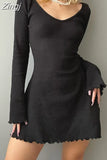 Backless Chic Solid Long Sleeve Autumn Dress Women Korean Fashion Basic Mini Dresses Slim Elegant Clothes Ladies