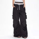 Babes Straight Broad Leg Pocket Spliced Striped Waist Trousers Tying With Trend Casual