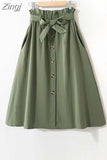 Women Elegant High Waist Midi Skirt Spring And Summer Casual Single-Breasted Solid Black White Bowknot Belt Office A-Line