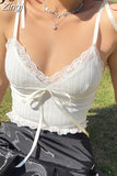 Y2K V Neck Strappy Lace Patchwork White Crop Top Women Sweet Bow Harajuku Frills Sexy Camisole Tops 2000s