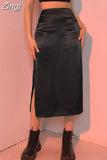 Vintage Brown High Waist Skirt Female Harajuku Satin Long Skirt Side Split Ladies Summer Skirts Gothic