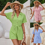 / Summer 2025 New Style Short Sleeve Tie Lapel Jacquard Knit Pure Color Short Jumpsuit