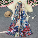 Zingj Luxury Retro French Round Collar Lantern Long Sleeve Print Dress Women's Belt With Loose Waist Show Thin Pleated