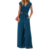 Women's Clothing 2025 New Summer V Tie With Open-Vum Wide Leg Trousers Casual Fashion
