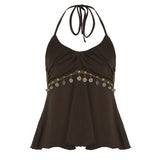 Vintage Embroidery V-Neck High Belt Vest Design Sensing A Sleeveless