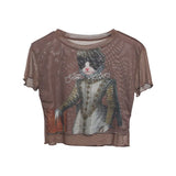 Front Double-Layer Mesh Hot Wood Ear Print Short-Cut Umbilly T-Shirt