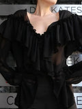 Early Spring New High-End French Design Wood-Side Chiffon Women Loose V-Neck Solid Color Niche