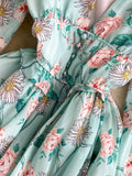 Women Green/Purple/Beige Floral Chiffon Dress Bohemian V-Neck Lantern Long Sleeve High Waist Ruffle Vestidos Female
