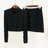 Fashion Suit Women 2025 Spring New Short Skirt Set Nail Drill High-End Long-Sleeved Two-Sleeve Two-Set
