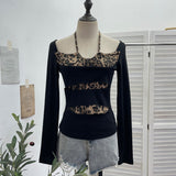 Shooting With Hanging Neck Leopard Print Splicing Two Long-Sleeved Tops A Short Shoulder Bottom T-Shirt
