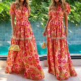 Spot Women's Fashion Temperament Short Sleeve Print Long Large Pendulum Bohemian