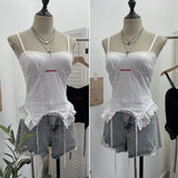 Shooting Hottie Sexy Sling Sling Vest Lace Side Splicing Letter Embroidery Short Outer Wearing Sleeveless Small Top