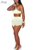 Feather Fringe Shorts Crop Top Two Piece Set Summer Women Sexy Bodycon Tracksuit Party Outfits 2023 Swimsuit