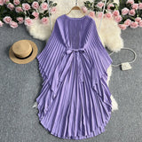Zingj Light Luxury Temperament Three House Pleated Bat Sleeve Round Collar Loose A-Word Pleated Dress Elegant Long