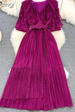 Vintage Women Irregular Pleated Dress Elegant V-Neck Ruffle Short Puff Sleeve High Waist Draped Midi Robe With Belt