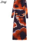New Women Vintage Ink Painting Print Mesh Slim Midi Dress Female Long Sleeve Back Zipper Side Pleat Party Vestidos