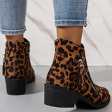 New Velvet Female Boots Martin Boots Coarse Heel Side Zipper With Leopard-Print Short