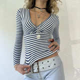 Zingj Hot Girl Wind Stripe Contrast Color Base Long-Sleeved T-Shirt V-Neck Slim Slim Thin Crop