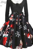 Costumes Party Dress Women Long Sleeve V Neck Fur Collar 1950s Housewife Vintage Xmas Winter