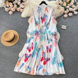 Zingj Luxury Retro French Round Collar Lantern Long Sleeve Print Dress Women's Belt With Loose Waist Show Thin Pleated