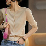 Knitted Jersey Women's Early Spring Round Collar Collar In The Middle Sleeve Ice Silk Thin Model Hit The Bottom Of The Coat Female