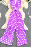 Red/Purple/Orange Polka Dot Pleated Jumpsuits Women Elegant V-Neck Sleeveless High Waist Wide Leg Loose Romper