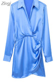 Pink Satin Dress Woman Wrap Short Dresses For Women 2023 Long Sleeve Mini White Dress Lady Fashion Elegant Party