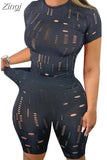 Hollow Out 2 Pieces Women Suit Tracksuits 2023 Fashion Short Sleeve O-neck T-shirts Tops High Waist Slim Biker