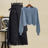 Women Winter Patchwork Long Sleeve Knitted Tops + Asymmetric Skirt 2 Piece Suit Female Party Elegant Two Piece Set 211-1-Outfit