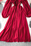 Women Slash Neck Long Sleeve Midi Dress Female Yellow/Red/Pink High Waist Ruffle Big Swing Chiffon Robe Fashion 2023