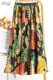 Women 2023 High Waist Floral Print Mid Calf Long Pleated Skirt Girls Summer Vintage Elegant Chiffon Midi